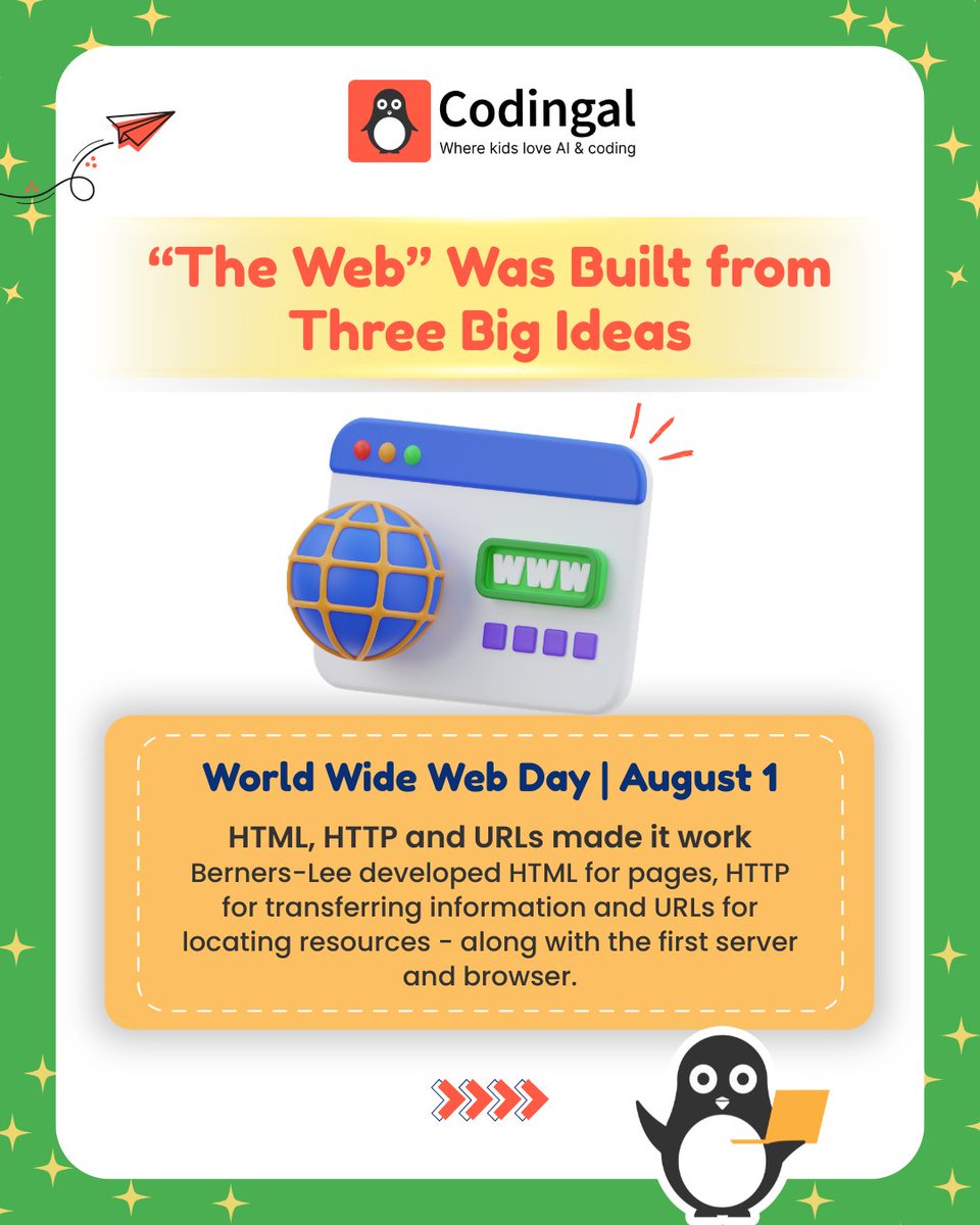 codingal's tweet photo. Celebrating World Wide Web Day by remembering the three ideas that power the web: HTML, HTTP, and URLs. Together, they changed how the world connects and shares information.

#WorldWideWebDay #WebTechnology #HTML #DigitalLearning #Codingal https://t.co/q6NlufCoFP