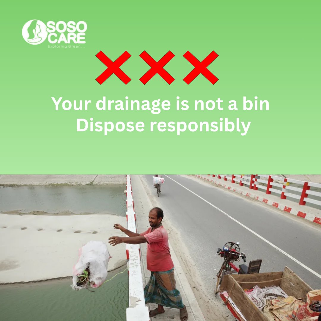 sosocare1's tweet photo. 🚫 Your Drainage Is NOT a Bin

It may seem like "just one bag," but when waste ends up in our drains, the consequences affect everyone.

#SOSOCARE  #DisposeResponsibly #RainySeason  #WasteManagement #HealthyCommunities #Sustainability https://t.co/s795xpdK0e