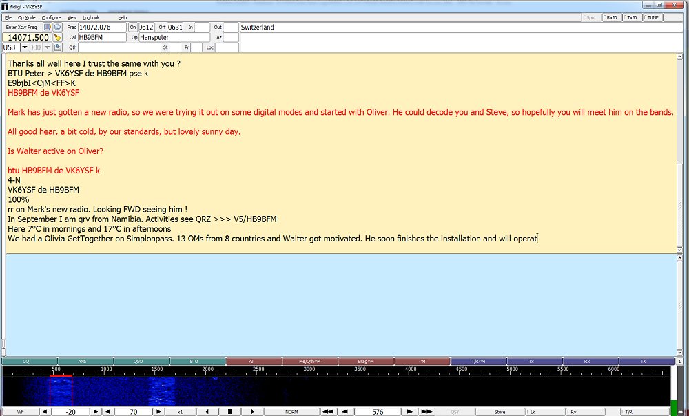 vk6ysf97230's tweet photo. Contact made with Hanspeter (HB9BFM)
Switzerland
23 July 2026 16:32 Z
Freq: 14071.5 kHz (Dial)
Mode: Olivia 8/250
TX: 25Watts
RX: 100% copy
Distance: 13100km (Approximately)
Highest permanent ham station in Europe.
https://t.co/ECP5zPlspB
#oliviamode #20mband #hfradio https://t.co/mra8eXBlcM