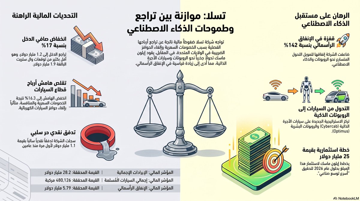 almidfa75's tweet photo. 1/7
تسلا سلّمت عدداً قياسياً من السيارات في الربع الثاني من 2026، لكنها ربحت أقل.
صافي الربح المعدّل تراجع 17% إلى 1.2 مليار دولار، رغم ارتفاع الإيرادات 26% إلى 28.2 مليار دولار. السبب الرئيسي: الخصومات وضغط الهوامش. #تسلا #السيارات_الكهربائية https://t.co/uoMn9LrLzZ