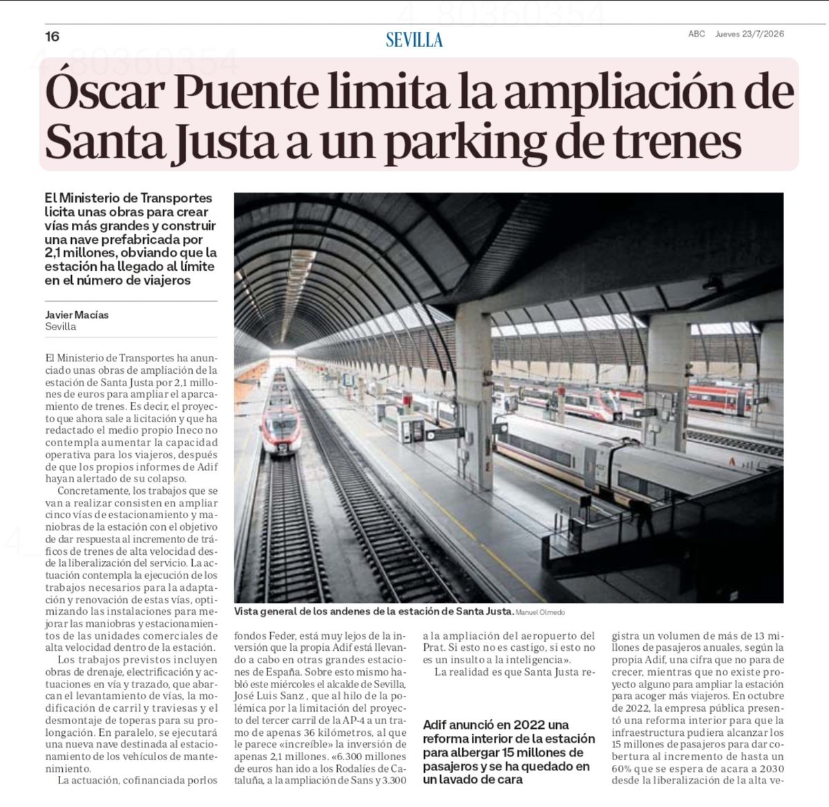 RicardoS2019's tweet photo. El PSOE:

👉 6.300 M€  para la estación de Sans, en Cataluña.

👉 3.300 M€ para el aeropuerto del Prat.

❌️ 2,1 M€ para Santa Justa.

Las cifras hablan.

La marginación y el maltrato socialista a nuestra provincia tienen que terminar.

Es un insulto a los sevillanos. https://t.co/K7rELUxULL