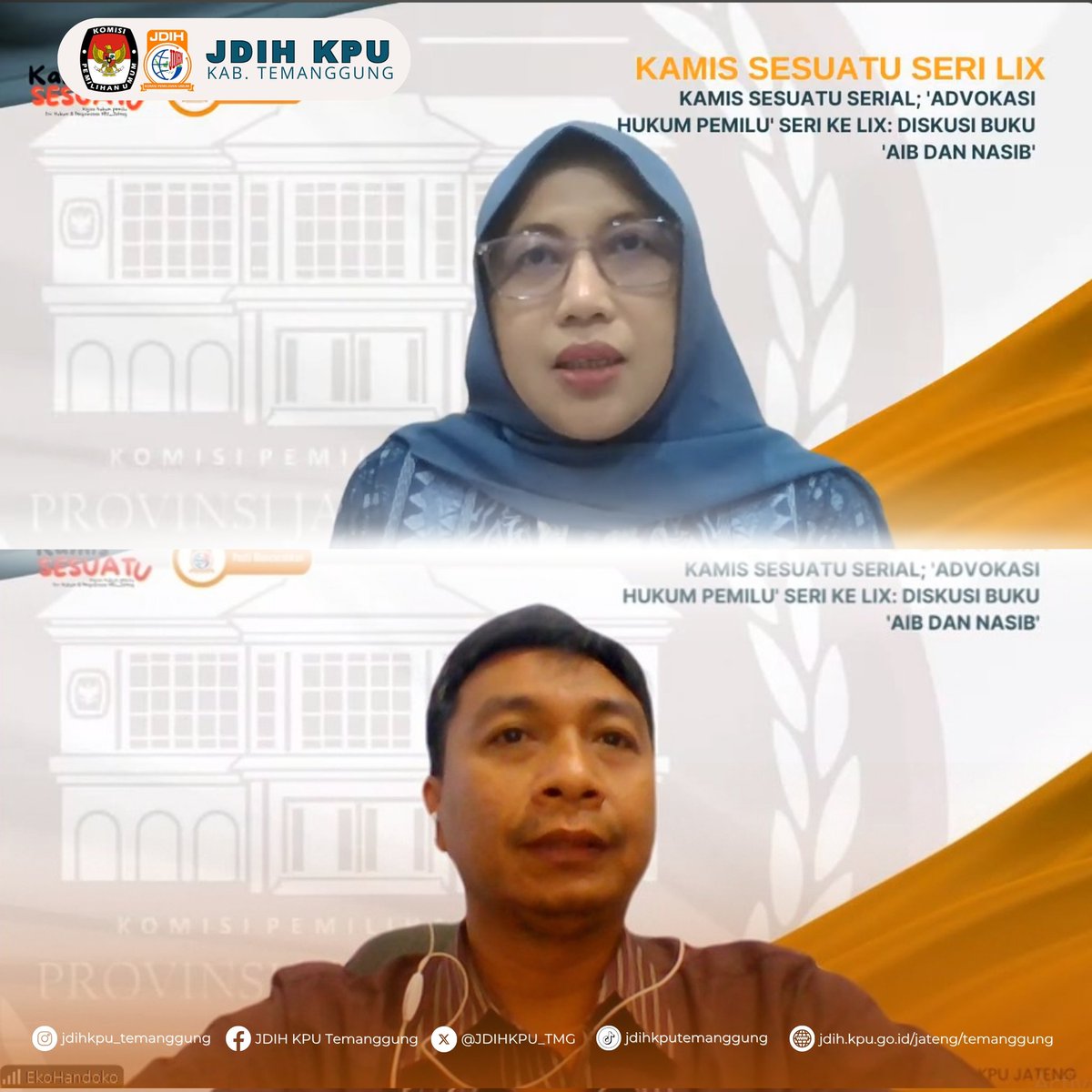 JDIHKPU_TMG's tweet photo. Halo #sobatjdihkputemanggung Komisi Pemilihan Umum (KPU) Kabupaten Temanggung ikuti kegiatan Kajian Rutin Kamis Sesuatu Serial 'Advokasi Hukum Pemilu' Seri ke LIX Diskusi Novel "Aib dan Nasib", di Kantor KPU Kabupaten Temanggung, Kamis (23/7/2026). https://t.co/dNySjgZVUI