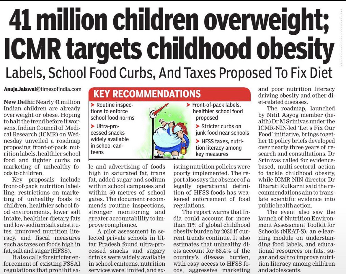 BasharatDarr's tweet photo. ICMR just confirmed what every food scientist already knew.

We are feeding our children into chronic disease.

41 million overweight children is not a statistic.

It is a policy challenge wearing a child’s face.

The roadmap exists now.

Let us not waste another decade debating it.

A great write up by @AnujaJaiswalTOI in @timesofindia @ICMRNIN @fssaiindia 
#obesity #junkfood