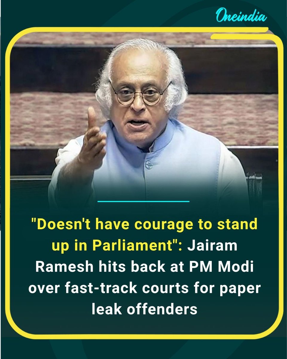 Oneindia's tweet photo. Congress leader Jairam Ramesh criticized Prime Minister Narendra Modi over his remarks on fast-track courts for paper leak offenders, alleging that the PM "doesn't have the courage to stand up in Parliament" and answer the Opposition's questions on the issue.
#JairamRamesh #PMModi #PaperLeak #NEET #Parliament #Congress #PoliticsToday #OI
