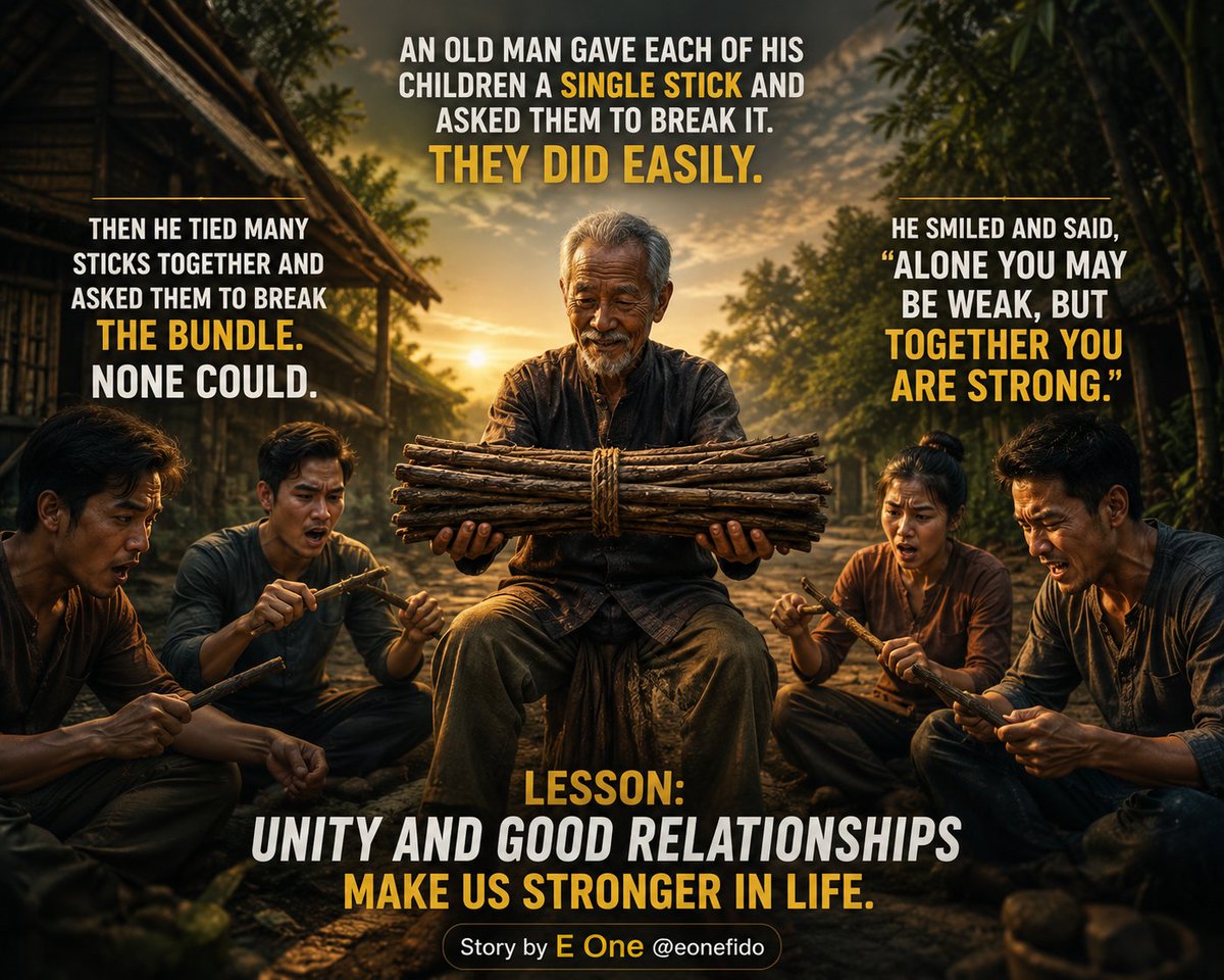 realeeone's tweet photo. An old man gave each of his children a single stick and asked them to break it. They did easily. Then he tied many sticks together and asked them to break the bundle. None could
He smiled and said, "Alone you may be weak, but together you are strong
#Eone #story #eonefido #viral https://t.co/i6xRKDvat1