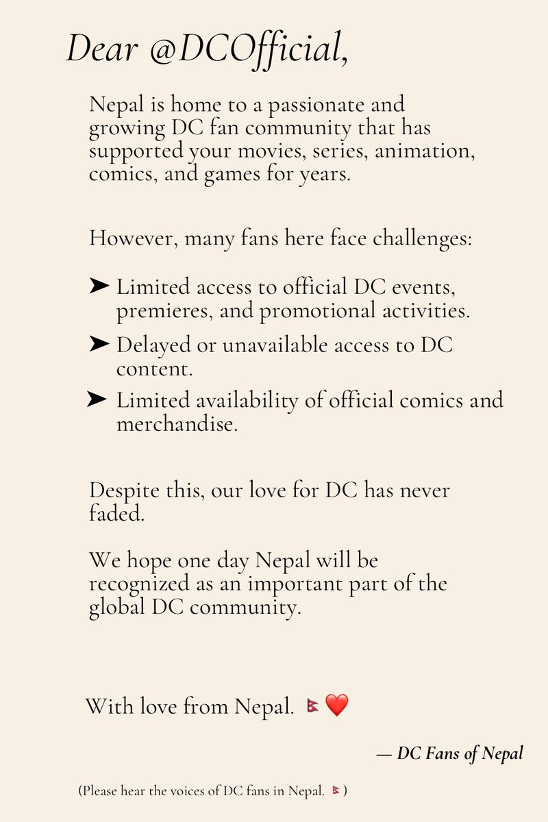adobegaming12's tweet photo. Dear @DCOfficial &amp; @JamesGunn , this message comes from DC fans in Nepal. 🇳🇵❤️ We hope you’ll recognize and engage with our growing community. Please give it a read and share if you support it. #DCStudios #DC #Nepal #DCFans https://t.co/dmXlMFx0pr