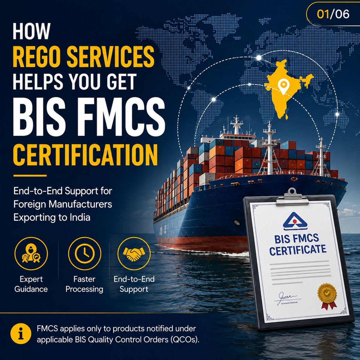 rego_services's tweet photo. 🌍 Exporting to India?
Rego Services simplifies your BIS FMCS Certification journey—from product assessment and documentation to factory inspection, licence approval, and ongoing compliance support.
📩 Start your FMCS certification today.
#FMCS #BIS #ExportToIndia #Compliance https://t.co/9lNUToGj5B