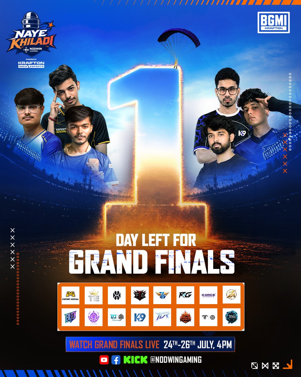NodwinGaming's tweet photo. One day- That's all that stands between the Final 16 and the biggest moment of their journey 💫
Ab Grand Finals Ki Baari 💪

🔴Watch Grand Finals 24th-26th July, 4PM
📺YouTube/Facebook/KICK : NODWINGaming 

#AbTeriBaari #BGMINAYEKHILADI #BGMI #KraftonIndiaEsports #Esports

[BGMI: NAYE KHILADI, Ab Teri Baari, BGMI, KRAFTON India Esports, Esports India, Esports, Gaming]