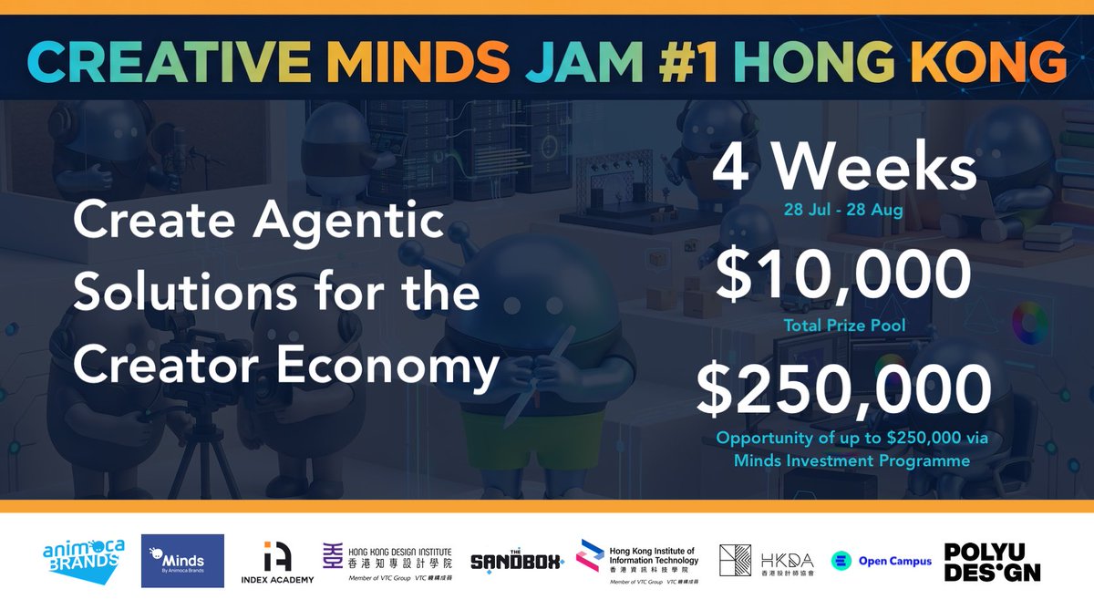 animocabrands's tweet photo. We and @TheSandboxGame today announced Creative Minds Jam #1, Hong Kong, a four-week competition challenging students, developers, and creators to build innovative content creator-centric experiences using @hellominds_, a persistent, always-on agentic AI platform. The official community partner of the jam is @opencampus_xyz, a community-led DAO that is building the blockchain-powered financial layer for education.

The guiding theme of Creative Minds Jam #1 is "Build What Creators Need Next". With an aggregate of US$10,000 prize pool, the jam invites participants to explore how agentic AI can reshape digital experiences and help address challenges faced by today’s content creators and the broader creator economy, including discoverability, engagement, and workflow efficiency. Winners of the jam will also be considered for the Minds Investment Programme, which has an aggregate allocation of up to US$10 million, subject to the approval of the investment committee of the programme.

Full announcement: https://t.co/ikcUAgIkRu