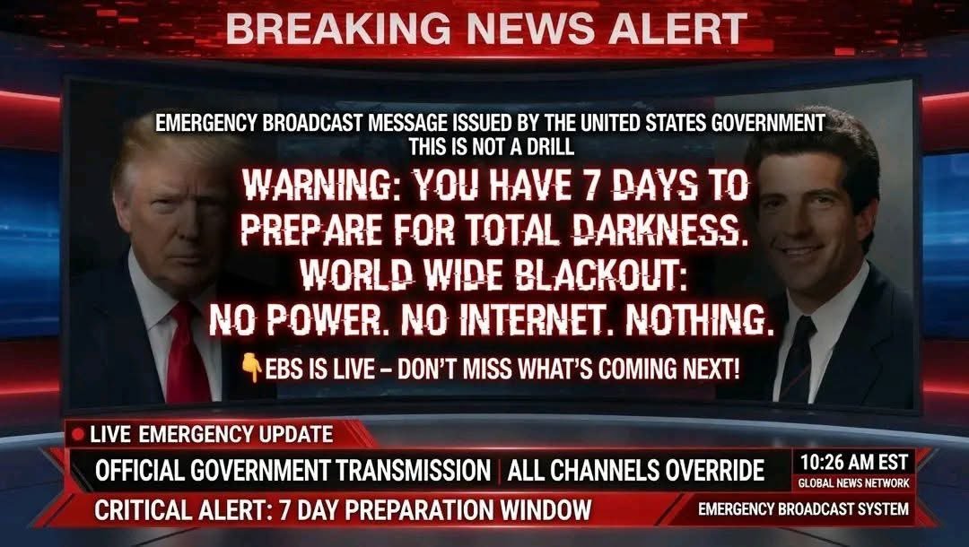 Michael_Jk_'s tweet photo. 🚨 URGENT EMERGENCY ALERT 🚨
WARNING: YOU HAVE 7 DAYS TO PREPARE FOR TOTAL DARKNESS.

WORLD WIDE BLACKOUT is expected to begin in 7 days.

NO POWER

NO INTERNET

NO CELL SERVICE

NO GPS / COMMUNICATION

NOTHING will work as normal.

👇 EBS IS LIVE – DON’T MISS WHAT’S COMING NEXT!

PREPARE NOW:

Stock 3–4 weeks of non-perishable food & bottled water

Cash (small bills), medications, first aid kit

Flashlights, batteries, portable chargers & power banks

Fuel for generators/vehicles

Warm clothing & blankets

Manual tools, radio (battery/solar), important documents

This is NOT a drill. Stay calm but act quickly. Share this with your family and trusted friends.

Official Government Transmission via Emergency Broadcast System.  

FOLLOW @Michael_Jk_