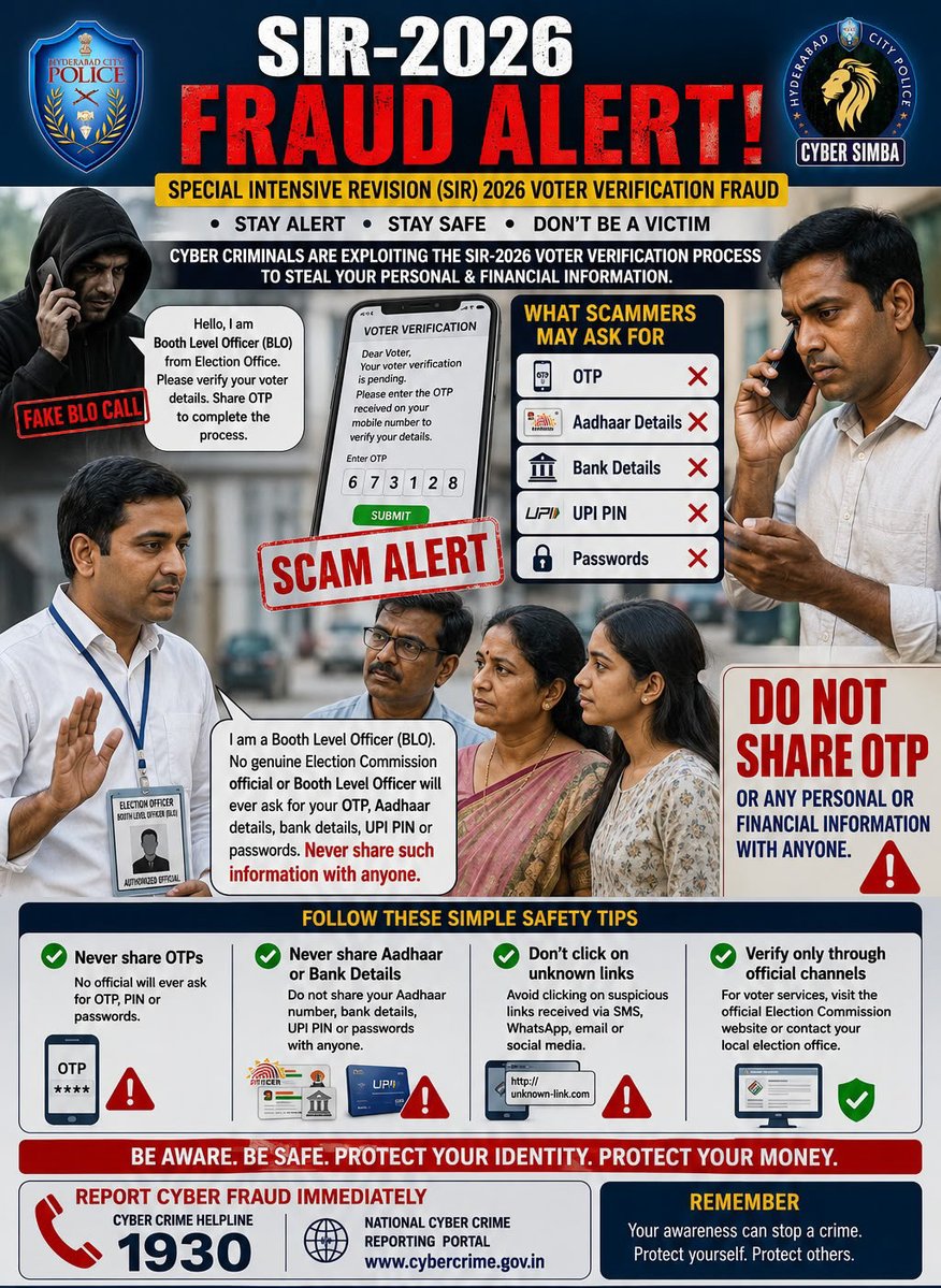 CyberCrimeshyd's tweet photo. 🚨 SIR 2026 పేరుతో OTP అడిగే వారిని నమ్మొద్దు!
🗳️ Election అధికారులు ఎప్పుడూ ఫోన్‌లో OTP అడగరు.
📞 అనుమానాస్పద కాల్స్‌ను వెంటనే నిలిపివేసి 1930కు ఫిర్యాదు చేయండి.

ఒక్క క్లిక్... బ్యాంక్ ఖాళీ!
Think Before You Click. Stay Alert. Stay Cyber Safe.

#cybercrime #cybersafety #otpfraud #thinkbeforeyouclick #stayalert #staysafeeveryone #hyderabadcitypolice #cybercrimes #telanganapolice #onlinefraud #digitalsafety #phishingscam #apkfraud #fakelinks #cyberawareness #scamalert #1930helpline #cybercrimeindia #stopcyberfraud #virałpost