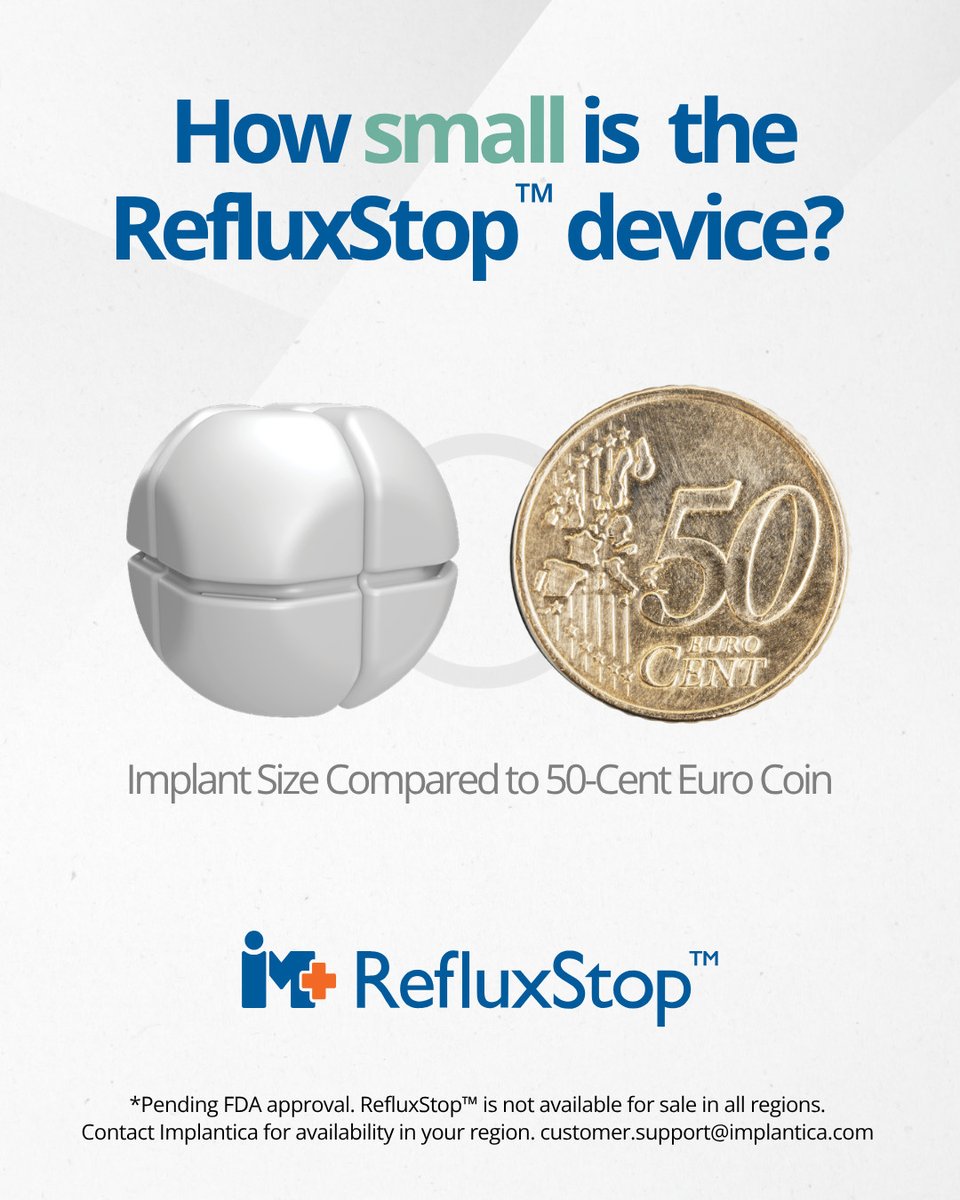 RefluxStop's tweet photo. The RefluxStop™ device is about the size of a 50-Cent Euro coin, but its impact is huge. Over 1,700 patients in Europe have had the RefluxStop™ procedure &amp; it's on the way to the U.S. next. Make sure you are ready &amp; learn more about RefluxStop™ today: https://t.co/TXxkXIbqWK https://t.co/ByZc76Ncze
