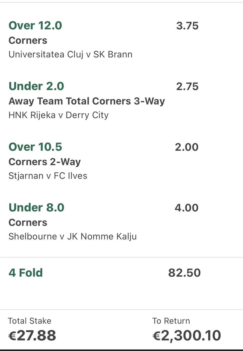 CornerCityTips's tweet photo. 82/1 Corners ACCA for tonight’s European Qualifications 🇪🇺 

❤️ if you are on!

Our free group with more bets 👉 https://t.co/4vjRXrXLGE https://t.co/HFYRsfLLuA
