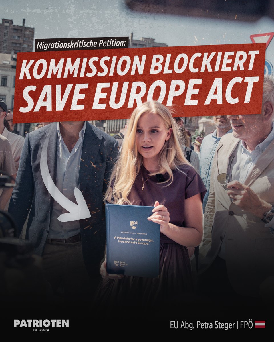PetraStegerFPOE's tweet photo. Die EU-Kommission hat den @SaveEuropeAct blockiert. Die offizielle Begründung? Die Forderungen seien mit den „Werten der Europäischen Union“ nicht vereinbar.

Gerade diese Kommission will über Werte sprechen. Dieselbe Kommission, die seit Jahren zulässt, dass die illegale Massenmigration Europa zerstört, die Außengrenzen immer noch nicht schützt und die Sicherheit der europäischen Bürger jeden Tag weiter gefährdet.

Offene Grenzen gelten offenbar als europäischer Wert. Wer sie schützen will, wird blockiert.

Diese Begründung ist an Heuchelei kaum zu überbieten. Wenn Brüssel demokratische Bürgerinitiativen verhindert, nur weil ihnen die Forderungen nicht gefallen, dann geht es längst nicht mehr um Werte, sondern nur noch um ihre fahrlässige Ideologie.

Ich werde den Save Europe Act weiterhin unterstützen. Europas Zukunft darf nicht von einer abgehobenen Elite aus Brüssel bestimmt werden.