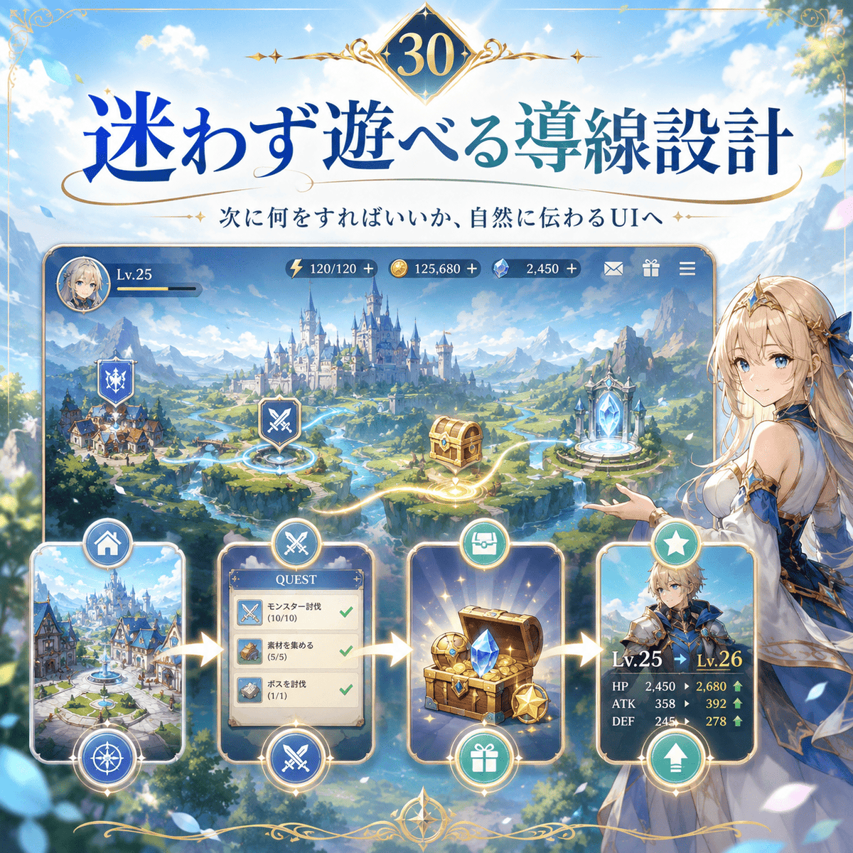 elengine's tweet photo. ゲームを楽しんでもらうためには、
「次に何をすればいいか」が自然に伝わることが大切です。

クエストに進む。
報酬を受け取る。
キャラクターを育成する。
イベントに参加する。
ショップやメニューを開く。

プレイヤーが迷わず行動できる導線があることで、
ゲームの世界に入り込みやすくなります。

ElEngineでは、ゲームUIUXデザインにおいて、世界観やビジュアルだけでなく、プレイヤーの行動導線も大切にしています。

見やすく、わかりやすく、気持ちよく遊べる画面へ。

プレイヤーがもっと楽しめる体験づくりを、UIUXの視点からサポートします。

ご相談はこちら👉https://t.co/1GL7r9gp3k

#ElEngine #ゲームUI #UIUX #UIデザイン #UXデザイン #ゲーム開発 #導線設計 #体験設計