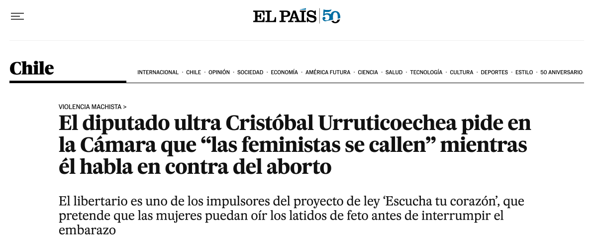 ojodelmedio's tweet photo. Qué impensado sería leer un titular cómo este de El País en la prensa tradicional escrita: El diputado ultra Cristóbal Urruticoechea pide en la Cámara que “las feministas se callen” mientras él habla en contra del aborto https://t.co/GPhyJ7K4Pu