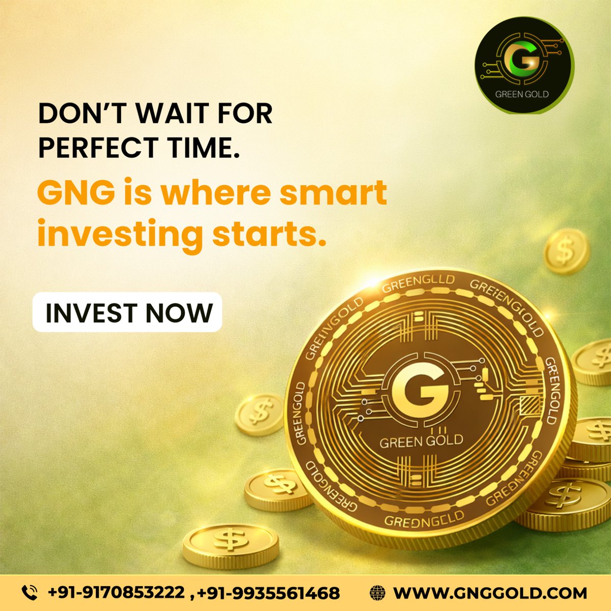 Greengold2023's tweet photo. The best time to begin is now. 🌱💰

Take the first step toward your financial future with GreenGold (GNG). 
.
#GreenGold #GNG #GNGCoin #DigitalAssets #CryptoCommunity #Blockchain 
.
.
Disclaimer: Nothing on this page is financial advice, please do your own research! https://t.co/ZCb5aThnHC