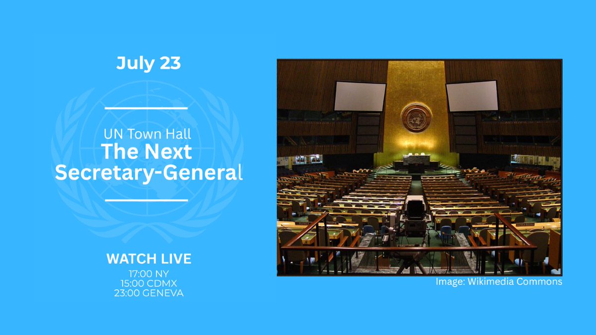 RGrynspan's tweet photo. Today, I will take part in the UN town hall "The Next Secretary-General" to set out what I stand for: peace, reform, and building cooperation for the future.

See you there! #newUN 
17:00 New York · 15:00 Mexico City · 21:00 UTC
WATCH LIVE: 🔗 https://t.co/U4oANIGKr9 https://t.co/zmBAto5pTz