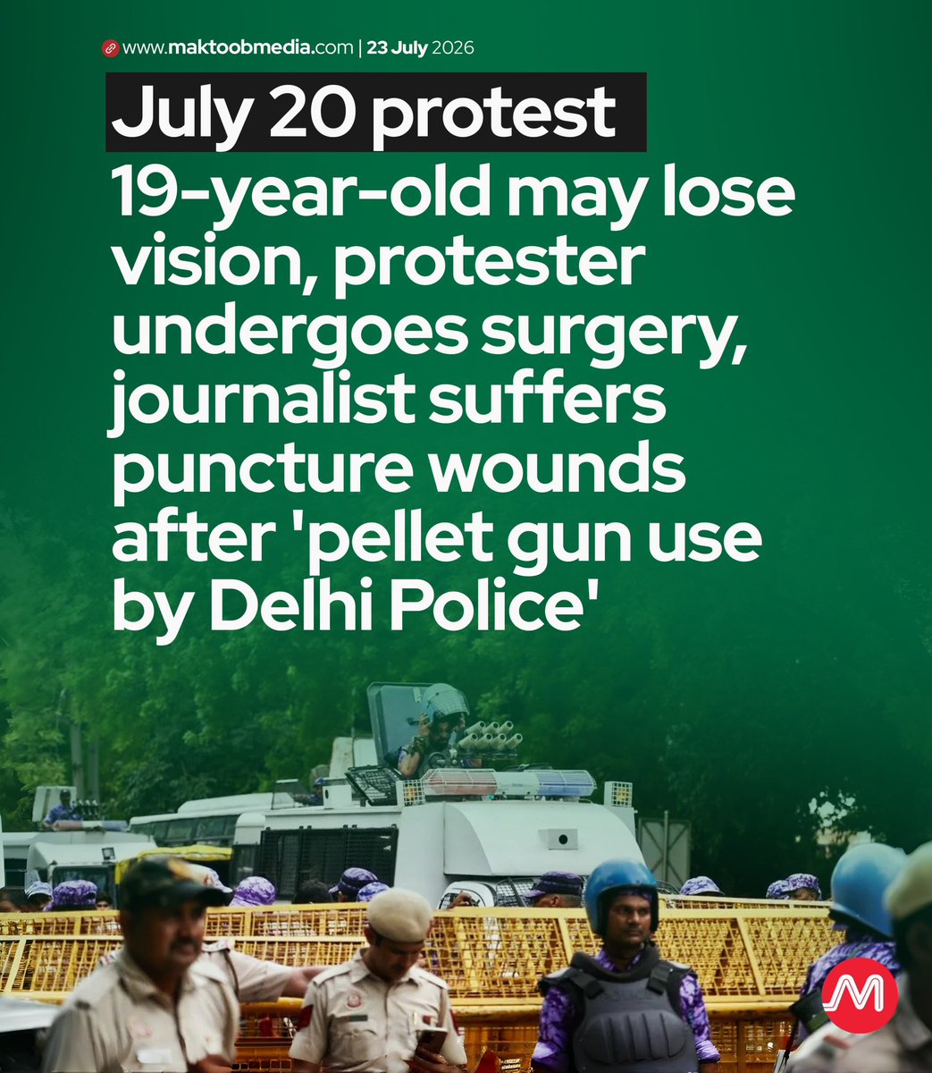 MaktoobMedia's tweet photo. A 19-year-old protester, Sahil Lochab, may lose vision in his right eye after sustaining a pellet injury during the July 20 crackdown, with his family saying doctors at AIIMS told them he has only a "1% chance" of regaining sight, while hospital sources quoted by The Hindu said the injury was caused by metal pellets. 

https://t.co/UDMptW3VAN