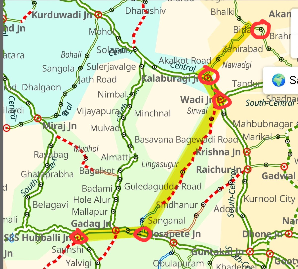 bidar_voice's tweet photo. Proposal for a new direct train connecting Bidar ↔ SSS Hubballi via Kalaburagi, Wadi, Kushtagi, Talakal, & Gadag Jn! 🚆✨

​This route will bridge Kalyana Karnataka with the Hubballi-Dharwad hub, saving hours of travel time & boosting tourism.

Or if this route doesn't work plan plan other route. Dear MPs @SagarKhandre12 @RadhaKrishnaINC @JoshiPralhad 

Need support from @KARailway @rlyhydka @SCRailwayIndia @SWRRLY @Central_Railway