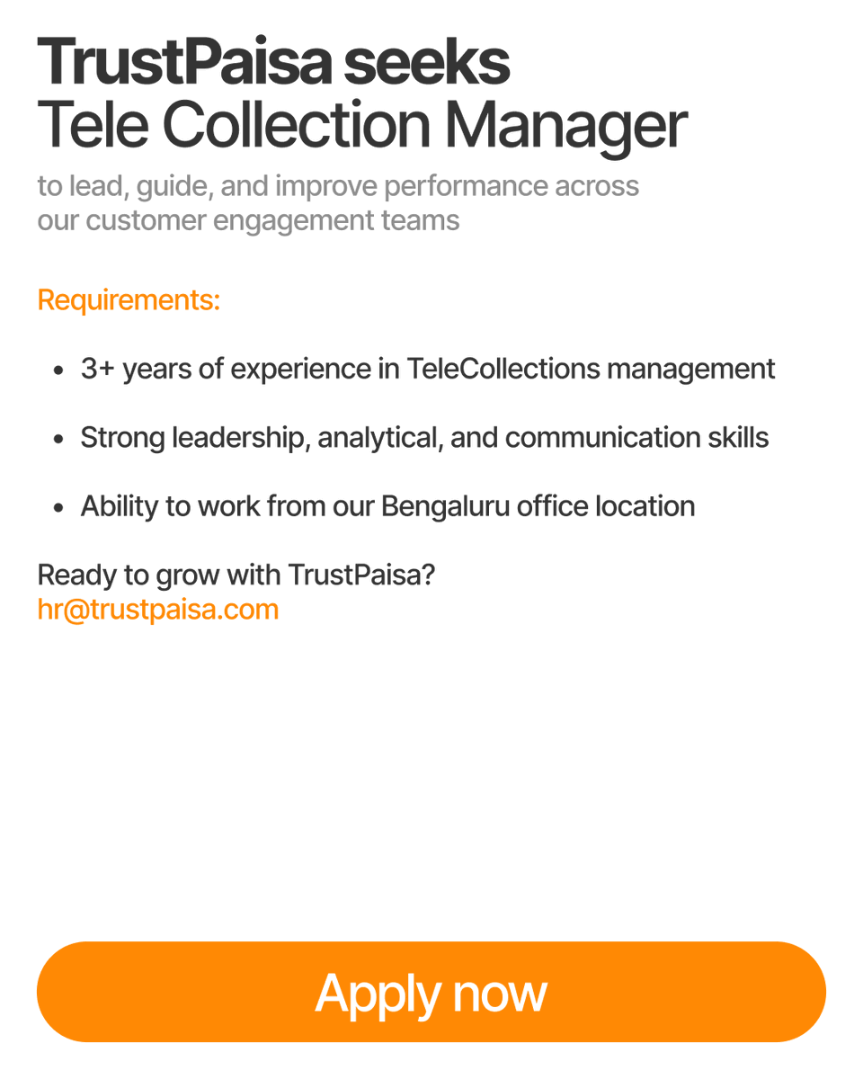 TrustPaisa's tweet photo. Great leaders create great results. 🚀
Join TrustPaisa as a Tele Collections Manager and lead a high-performing team
#Trustpaisa #Fingular #TeleCollections #ManagerJobs #HiringNow #Fintech #hiring #CareerGrowth #TrustPaisa #Jobs #Bangalore #LeadershipMatters #JoinOurTeam https://t.co/CwFbuilPhH