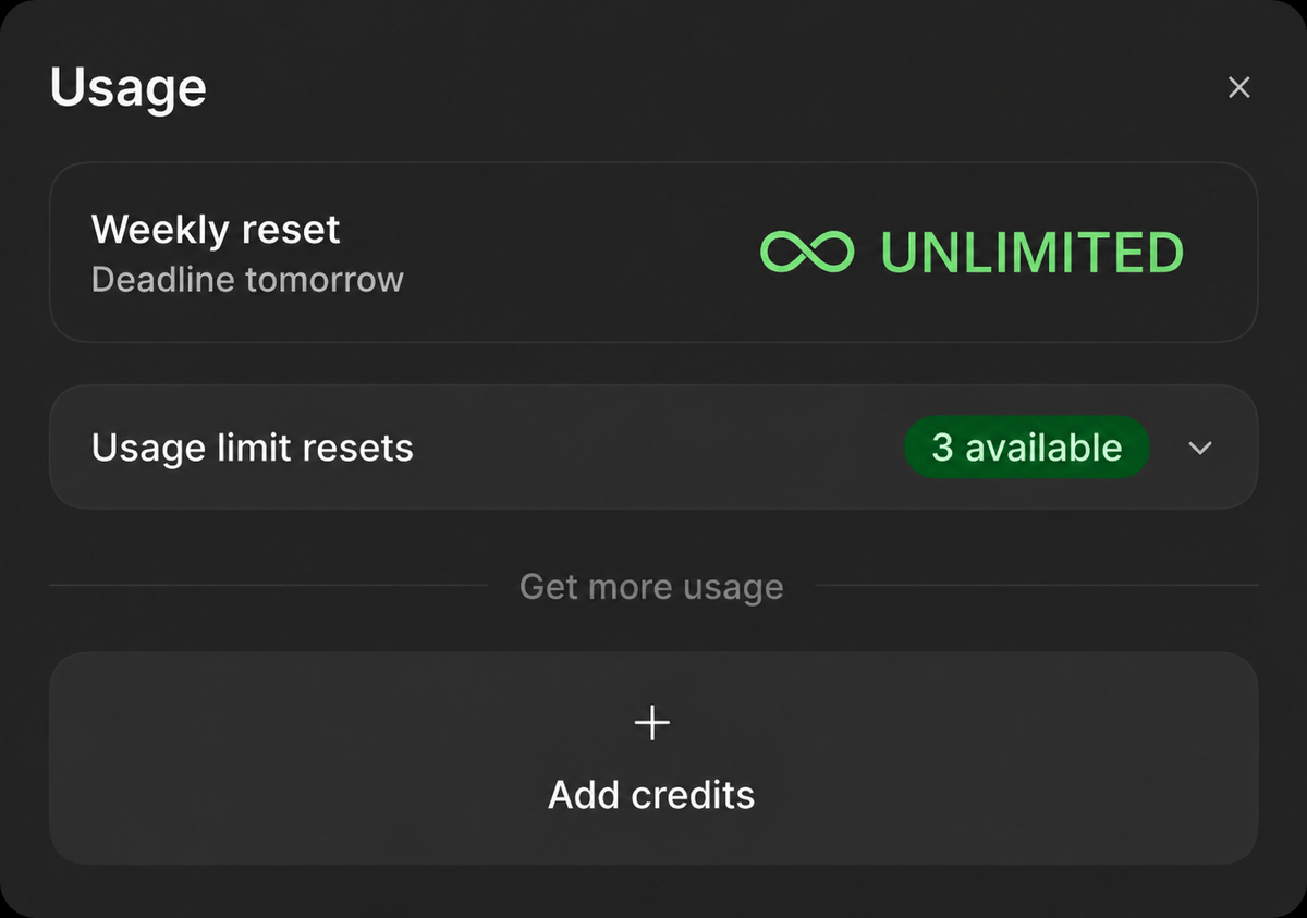 melvynx's tweet photo. No joke, I dreamt that Tibo released "UNLIMITED" limits in Codex for one day.

Like, "Happy Tuesday, let's have no limits today!" https://t.co/UVS7QuDe5j