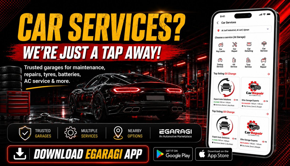 eGaragi's tweet photo. Reliable car services, all in one app! 🚗🔧
Find trusted garages, compare services, and book easily with EGARAGI.

App Link: https://t.co/qc7R7Afl98
Website:  https://t.co/J5seexirOW

#EGARAGI #carservicesuae #carmaintenance #carrepairuae #autoservices #carcare #oilchanges https://t.co/TLA4SlMSsu