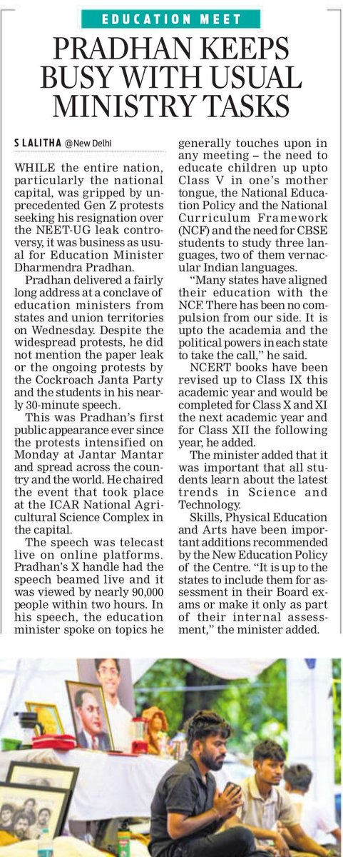 Lolita_TNIE's tweet photo. Despite raging protests across Delhi, many States &amp; abroad, an unfazed @dpradhanbjp addresses Edn mins of States in Delhi. Not a word on the students or the #NEETUG leaks. It was business as usual with a speech on NEP, NCERT, 3-lang policy &amp; imp of edn in mother tongue @xpresstn https://t.co/CboIgOOmc4