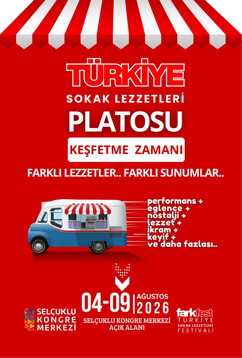 FarkFest's tweet photo. Festival zamanı geldi. FarkFest Türkiye Sokak Lezzetleri Festivali, 4-9 Ağustos’ta Selçuklu Kongre Merkezi'nde lezzet tutkunlarını bir araya getiriyor.  

#FarkFest #KonyadanDunyaya #FarkFestTurkiye #SokakLezzetleri https://t.co/u2MtDR8CfY