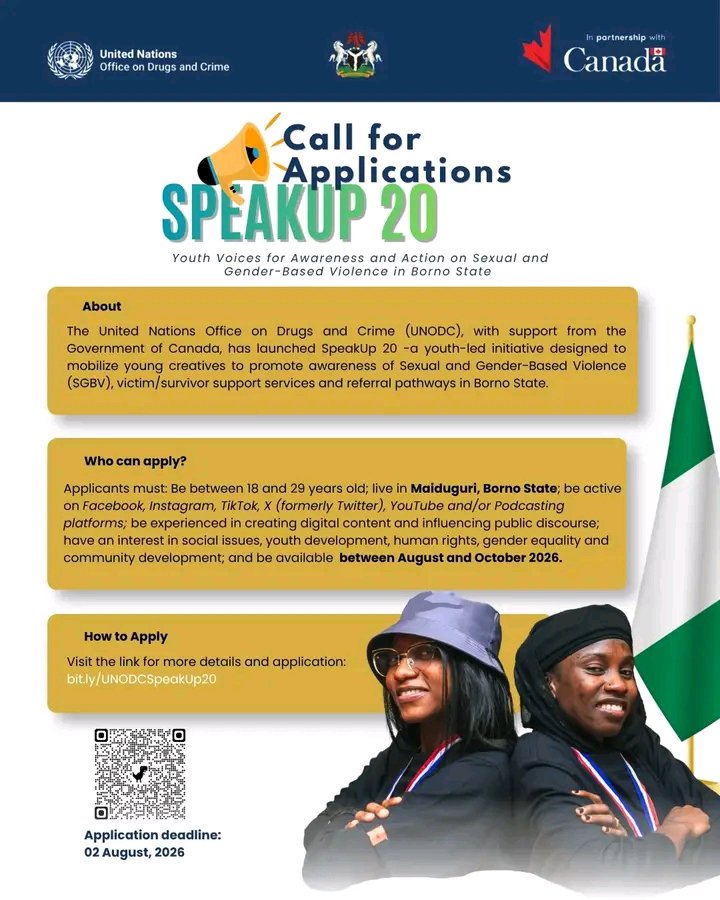 HGBashar's tweet photo. Calling all young changemakers!

Are you a content creator, digital storyteller, social media influencer, radio presenter, or youth advocate eager to use your platform to drive meaningful change?

The UNODC is inviting 20 passionate young people to join SpeakUp 20—a youth-led initiative focused on raising awareness and inspiring action to prevent Sexual and Gender-Based Violence (SGBV) in Borno State.

Application deadline: August 2

Be part of the movement. Use your voice to make a difference.

Apply now: https://t.co/kG4zdDsu9e
