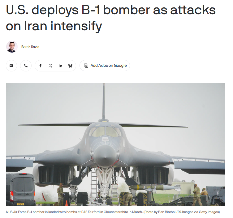clashreport's tweet photo. The U.S. used a B-1 long-range bomber to strike Islamic Revolutionary Guard Corps (IRGC) targets in Iran on Tuesday, marking the first B-1 mission since fighting resumed 12 days ago. 

The deployment signals a major escalation, as the bomber can carry heavy bomb loads and cruise missiles.

The aircraft flew from a UK base.

Source: Axios