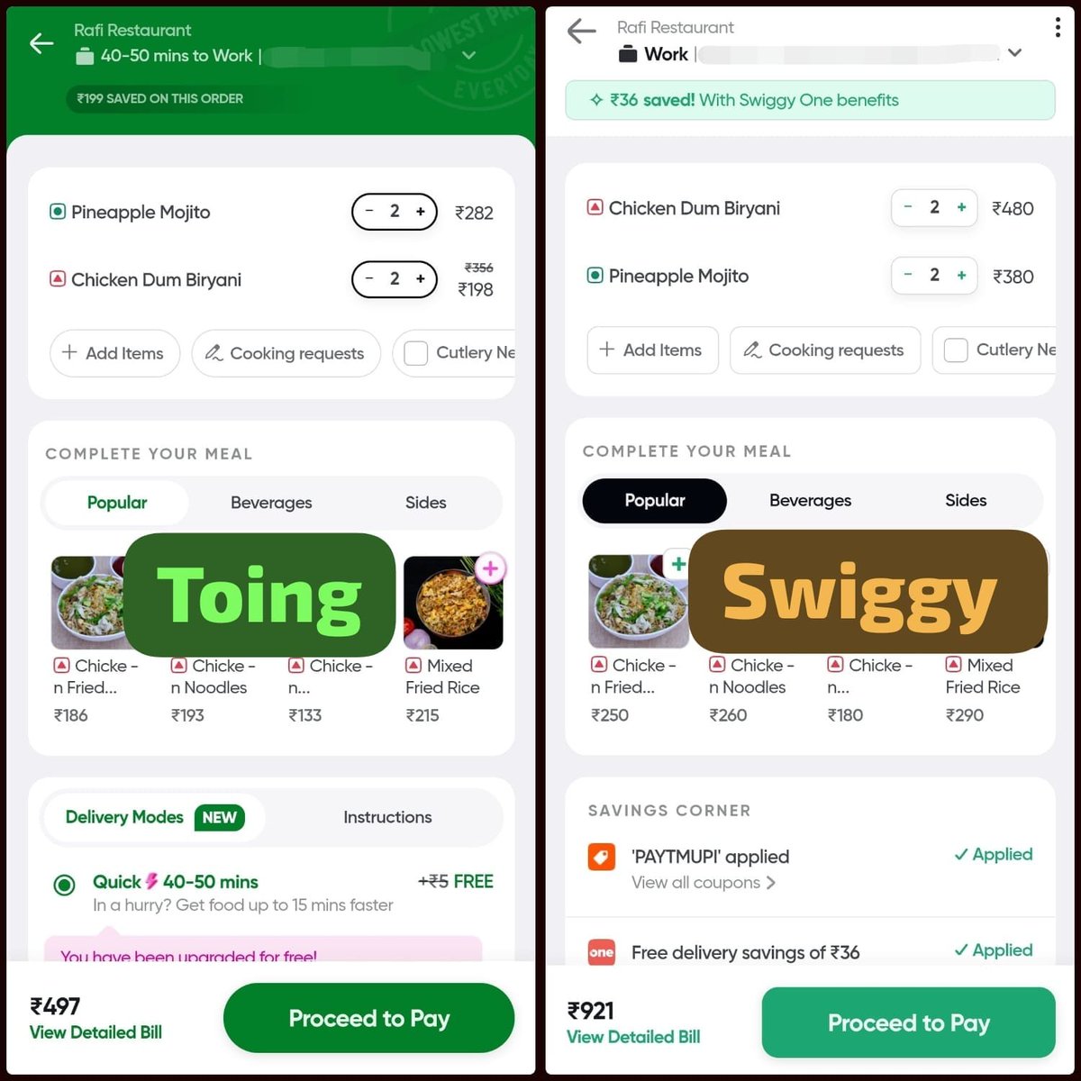 torquemachaan's tweet photo. Anyone using #Toing App?? The New App launched by #Swiggy

Same Restaurant..Same Address... Same Coupon Applied..Look at the difference in Prices..🤭
Ordering 2nd time..Working Perfectly with Discounts..

(Currently a best food delivery app... I don't know about future updates) https://t.co/2ar82QMPWN