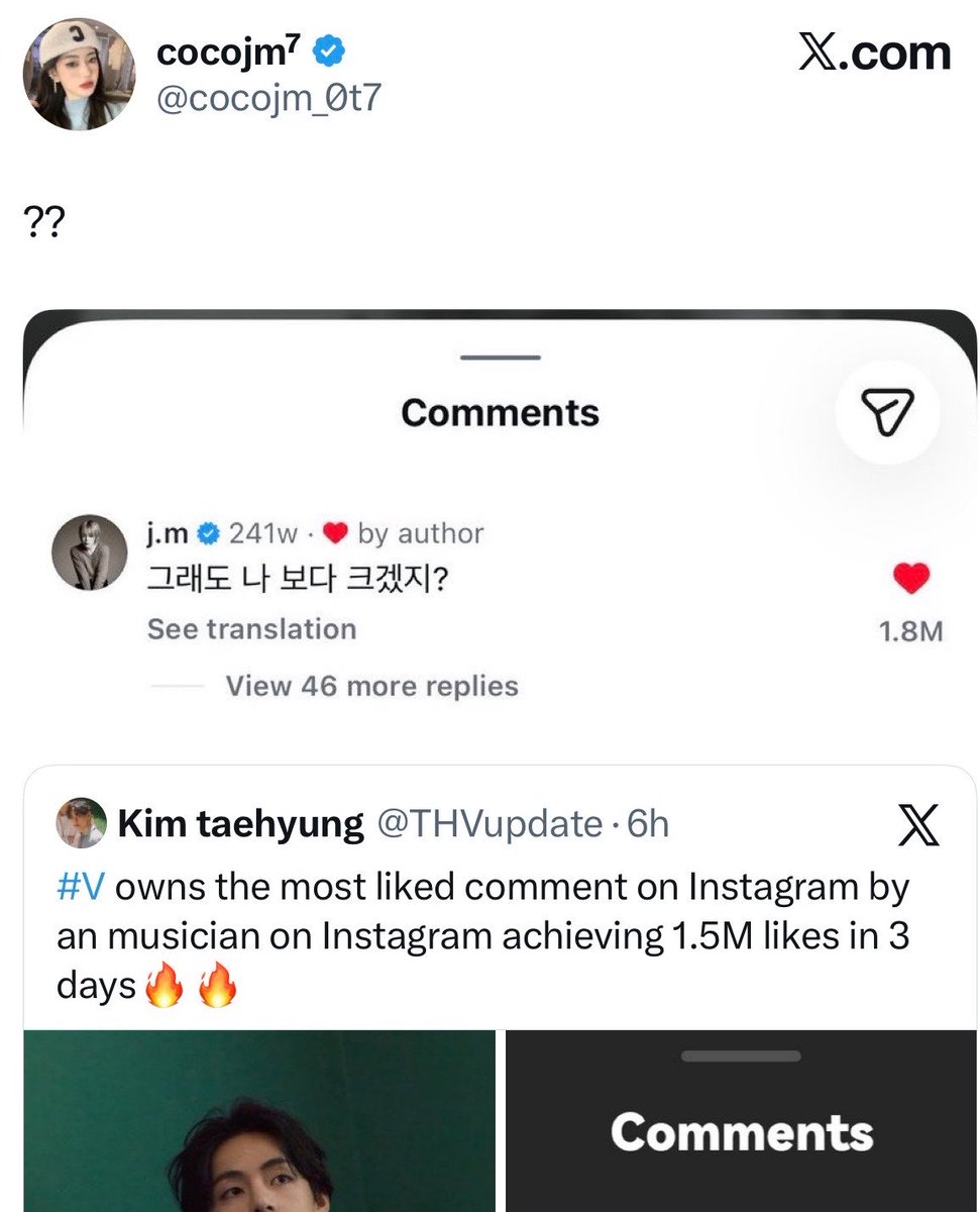 fatherhyungs's tweet photo. crying at pjms cropping out that jimin’s comment was on TAEHYUNG’S post and ignoring the replies asking 😭 plus tae’s comments on jimin’s old deleted posts had more likes than this too so? hilarious how insta and socials mean “nothing” to them until it suits them 😭 https://t.co/pzQZnpnEte