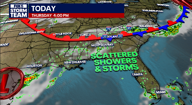 JoanneFOX5's tweet photo. Good Thursday morning!

A front fueled with tropical moisture brings occasionally heavy rain for the next couple of days

Storms are widely scattered today with cooler high temperatures over far north Ga

Storms are more numerous for Friday with localized flash flooding possible https://t.co/6zyVkHWKFI