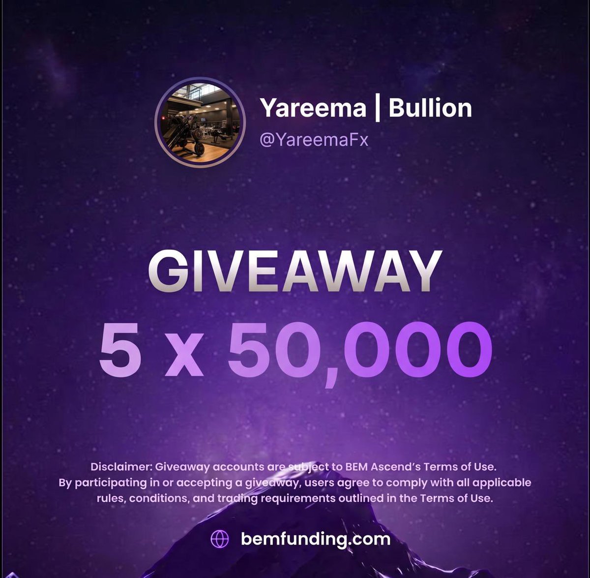 YareemaFx's tweet photo. $250K GIVEAWAY 🔥

5 winners • $50,000 each

• Follow @YareemaFx,  @BemFunding & @0xdd11a
• Like + Repost this post & tag a friend
• Follow IG: @bemfundingofficial
• Vote for BEM Funding → https://t.co/qQcOvp020l

Bonus entries (optional):

• Comment why you need the funding
• Tag 2 more friends

Winners announced in 48 hours. Good luck! 🚀