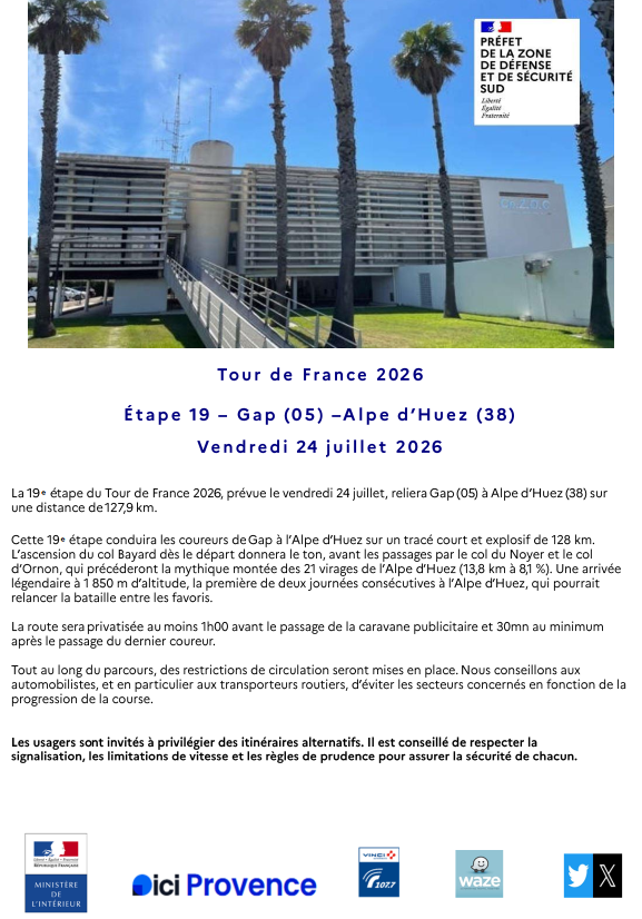 cezocsud's tweet photo. Communiqué CRZ Sud - Étape 19 du vendredi 24 juillet 2026 du TDF - Gap (05) - Alpe d'Huez (38). https://t.co/VpYDjnqIQK