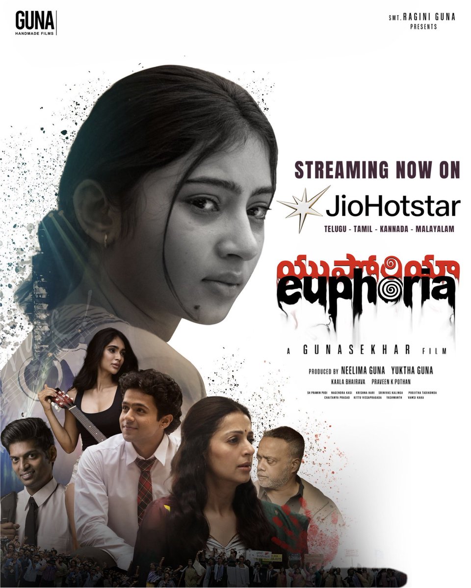 GunaHandmade's tweet photo. A Story that Hits Closer than You Expect… and Stays with You Long After it Ends ❤️
#Euphoria is now streaming on @jiohotstar in Telugu, Tamil, Kannada & Malayalam.
A @Gunasekhar1 Film
Produced by @neelima_guna & @yukthaguna
#gunahandmadefilms #BhumikaChawla #saraarjun https://t.co/MtiodpBeeB