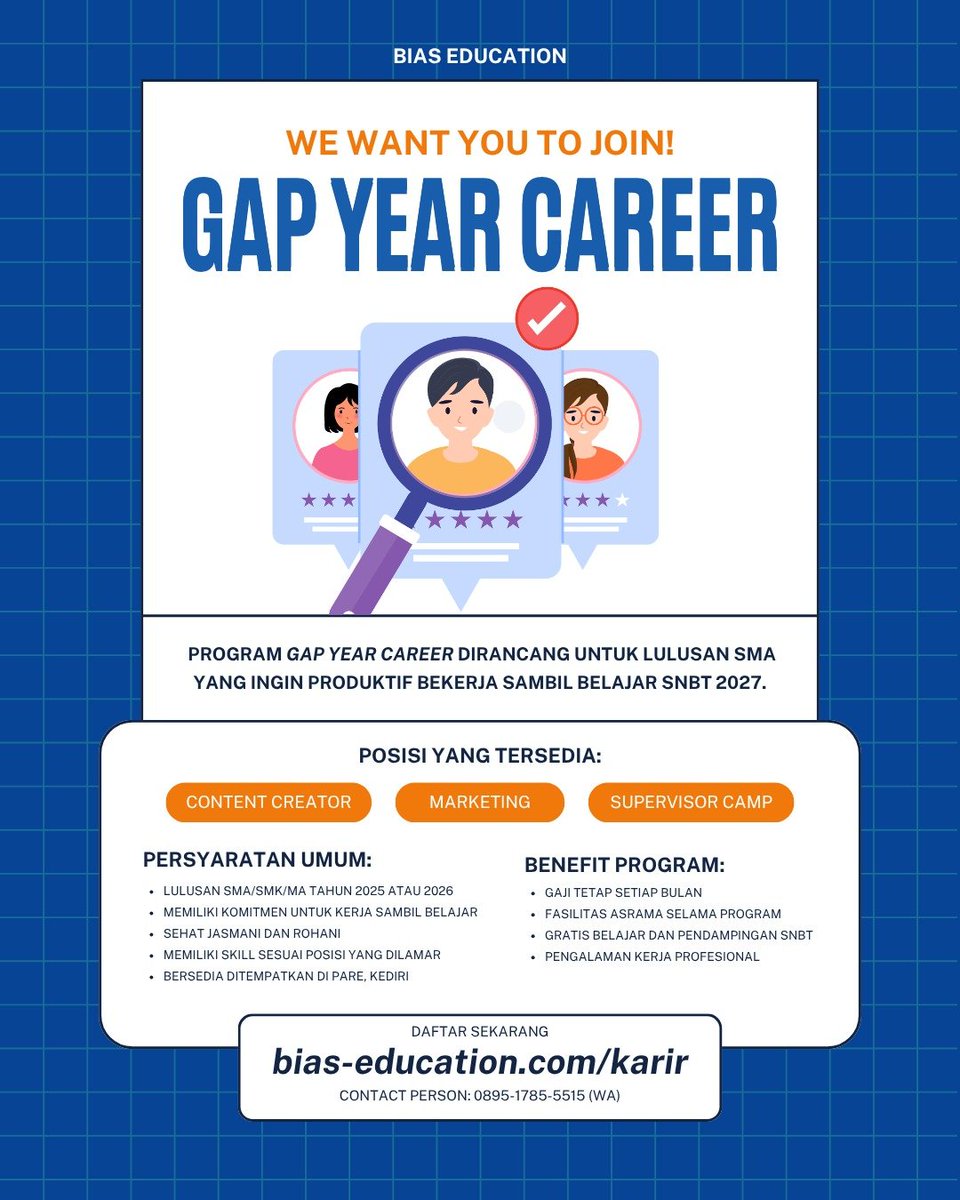 biaseducation's tweet photo. Bagi sobat gap year yang tertarik program-program gap year dibawah ini,boleh banget DM Minbi untuk konsultasi dan tanya tanya ya!😊🙌🏻

Minbi siap memfasilitasi pertanyaan kalian😉

#gapyear
#pare
#kampunginggris https://t.co/K4mBbL9DBx