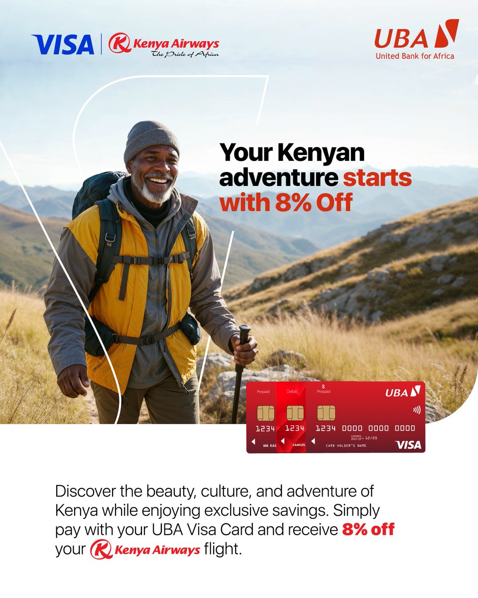 UBAUganda's tweet photo. 🇰🇪 𝐘𝐨𝐮𝐫 𝐊𝐞𝐧𝐲𝐚𝐧 𝐚𝐝𝐯𝐞𝐧𝐭𝐮𝐫𝐞 𝐬𝐭𝐚𝐫𝐭𝐬 𝐰𝐢𝐭𝐡 𝟖% 𝐨𝐟𝐟!

Whether you're travelling for business, a weekend getaway, or an unforgettable safari experience, your next trip to Kenya just got more rewarding.

Book your Kenya Airways flight and pay with a UBA Visa Card to enjoy an exclusive 8% discount on your ticket.

Enjoy 8% off Kenya Airways flights when you pay with any UBA Visa Card and use promo code VISAKQ. 

📅 Book by: 30 September 2026
🛫Travel by: 30 November 2026
🔗 https://t.co/dZNWulhaU1

T&Cs apply.

#UBAVisa #KenyaAirways #VisitKenya #TravelForLess #ExploreKenya