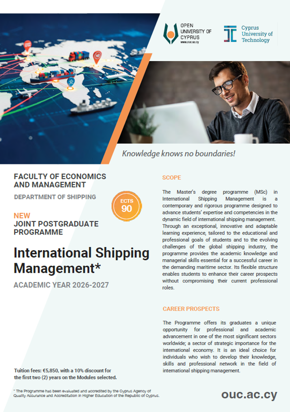 CNLeonidou's tweet photo. New Joint MSc in International Shipping Management by the Cyprus University of Technology & Open University of Cyprus!
🌍 Fully online | 📚 In English | ⚓ For shipping professionals & future industry leaders.
📩 ism@ouc.ac.cy
#Shipping #Maritime #MSc #DistanceLearning https://t.co/2IKcgpUf9d