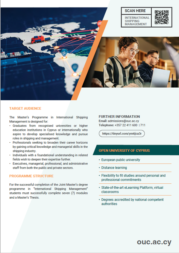 CNLeonidou's tweet photo. New Joint MSc in International Shipping Management by the Cyprus University of Technology & Open University of Cyprus!
🌍 Fully online | 📚 In English | ⚓ For shipping professionals & future industry leaders.
📩 ism@ouc.ac.cy
#Shipping #Maritime #MSc #DistanceLearning https://t.co/2IKcgpUf9d