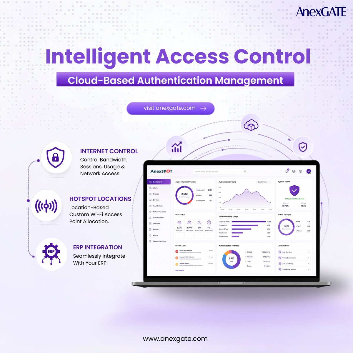 ANEXGATE's tweet photo. Manage authentication, authorization, and user activity through a centralized platform. Ensure secure guest access while maintaining complete visibility across your network. 
Learn more: https://t.co/VQnRgLoVUr
#IdentityManagement #AAA #AccessControl #AnexSpot https://t.co/WRo8AXIP8a