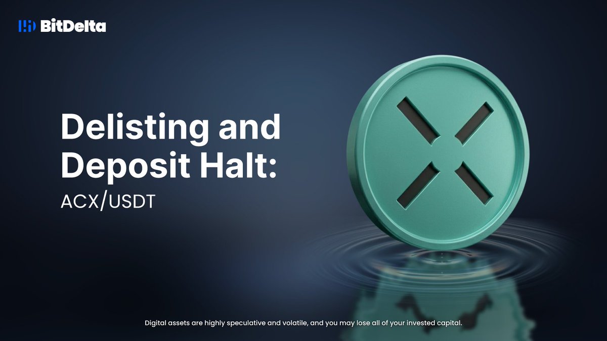bitdelta's tweet photo. 🚨 Delisting and Deposit Halt Announcement 🚨

To maintain a high quality trading market to all our users, we periodically review all listed digital asset pairs. Based on our latest review, we will be removing the ACX/USDT trading pair and halt deposit services for Across Protocol (ACX) under Ethereum network.

We appreciate your cooperation and continued trust in BitDelta as we strive to uphold the highest standards for our platform and listed assets.

Full announcement on our website: https://t.co/eBkfTHk0iw

Digital assets are highly speculative and volatile, and you may lose all of your invested capital. This content is for informational purposes only and does not constitute financial advice.