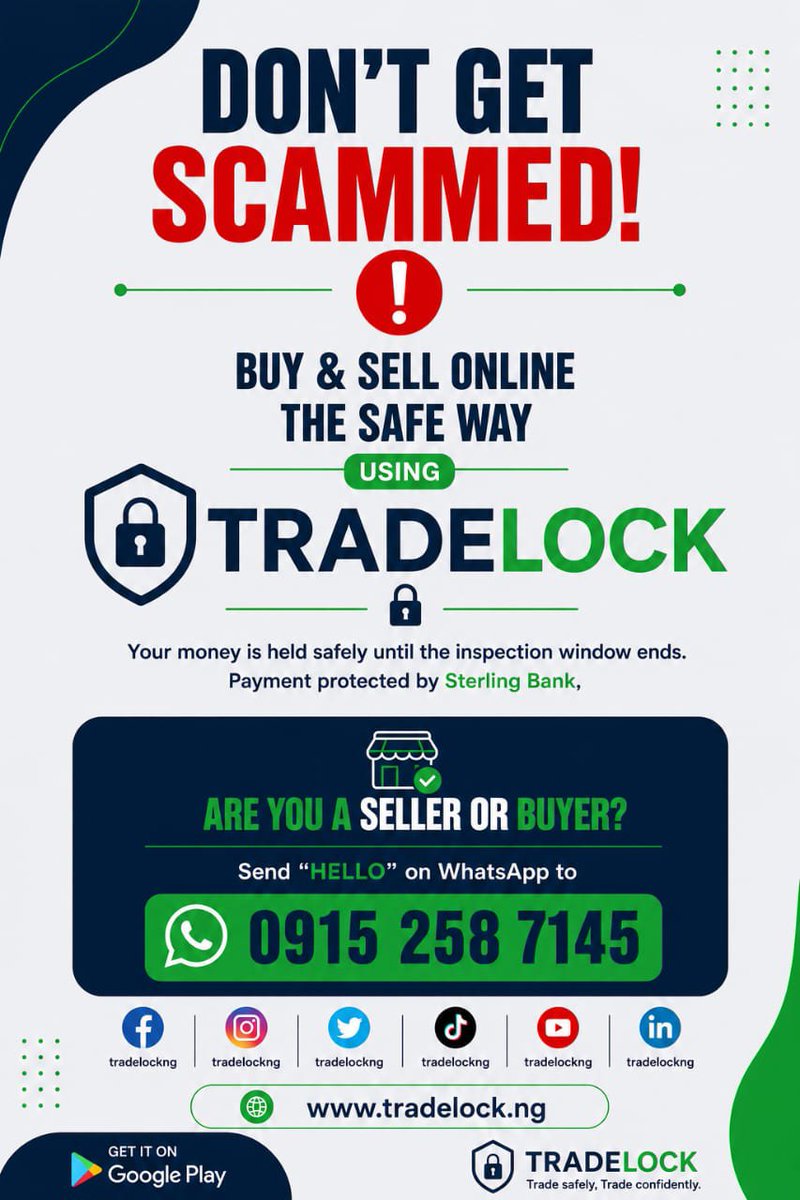 TradelockNG's tweet photo. Stop sending money to strangers directly and start using Tradelock for secure transaction.....
#Tradelock #tradewithconfidence #holdamforme #trending #sterlingbank https://t.co/Nmb0j7xaT2