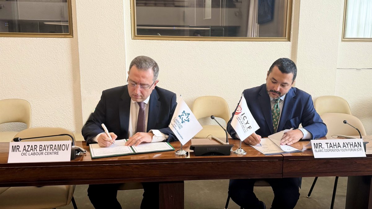 OICLabourCentre's tweet photo. The OIC Labour Centre and the Islamic Cooperation Youth Forum (#ICYF) signed a Memorandum of Understanding (MoU) in Geneva, Switzerland, on 22 July 2026. The agreement was signed by the Director General of the OIC Labour Centre, H.E. Mr Azar Bayramov, and the President of the Islamic Cooperation Youth Forum, H.E. Mr Taha Ayhan, establishing a strategic framework for enhanced institutional cooperation to advance #YouthEmpowerment and #Employment across #OIC Member States.

The MoU provides a foundation for joint initiatives in the areas of youth empowerment, #SkillsDevelopment, labour market inclusion, decent work and #SustainableEmployment. Particular emphasis will be placed on strengthening technical and vocational education and training (#TVET), promoting entrepreneurship, and supporting innovative initiatives that enhance youth employability and expand sustainable economic opportunities. The partnership also envisages the organisation of joint capacity-building activities, including conferences, workshops, seminars, webinars and specialised training programmes.

During the signing, the #OICLabourCentre presented its work in the fields of employment, vocational skills development and #LabourMarket policies, highlighting efforts to align training programmes with evolving labour market needs and to promote the exchange of expertise on skills standards, qualifications and certification systems. The Islamic Cooperation Youth Forum, in turn, outlined the contribution of its youth networks and #Entrepreneurship programmes, particularly its support for youth-led start-ups through incubation, acceleration and mentoring initiatives. Both institutions underscored the importance of connecting these complementary areas of expertise to strengthen pathways from #SkillsDevelopment and entrepreneurship to productive employment.

The Memorandum of Understanding establishes a practical framework for bringing together young people, entrepreneurs, labour institutions and #VocationalTraining providers through joint programmes and collaborative initiatives. It further reflects the shared commitment of both institutions to strengthening youth employability, promoting #DecentWork, fostering entrepreneurship and supporting more inclusive, resilient and future-oriented labour markets across OIC Member States
