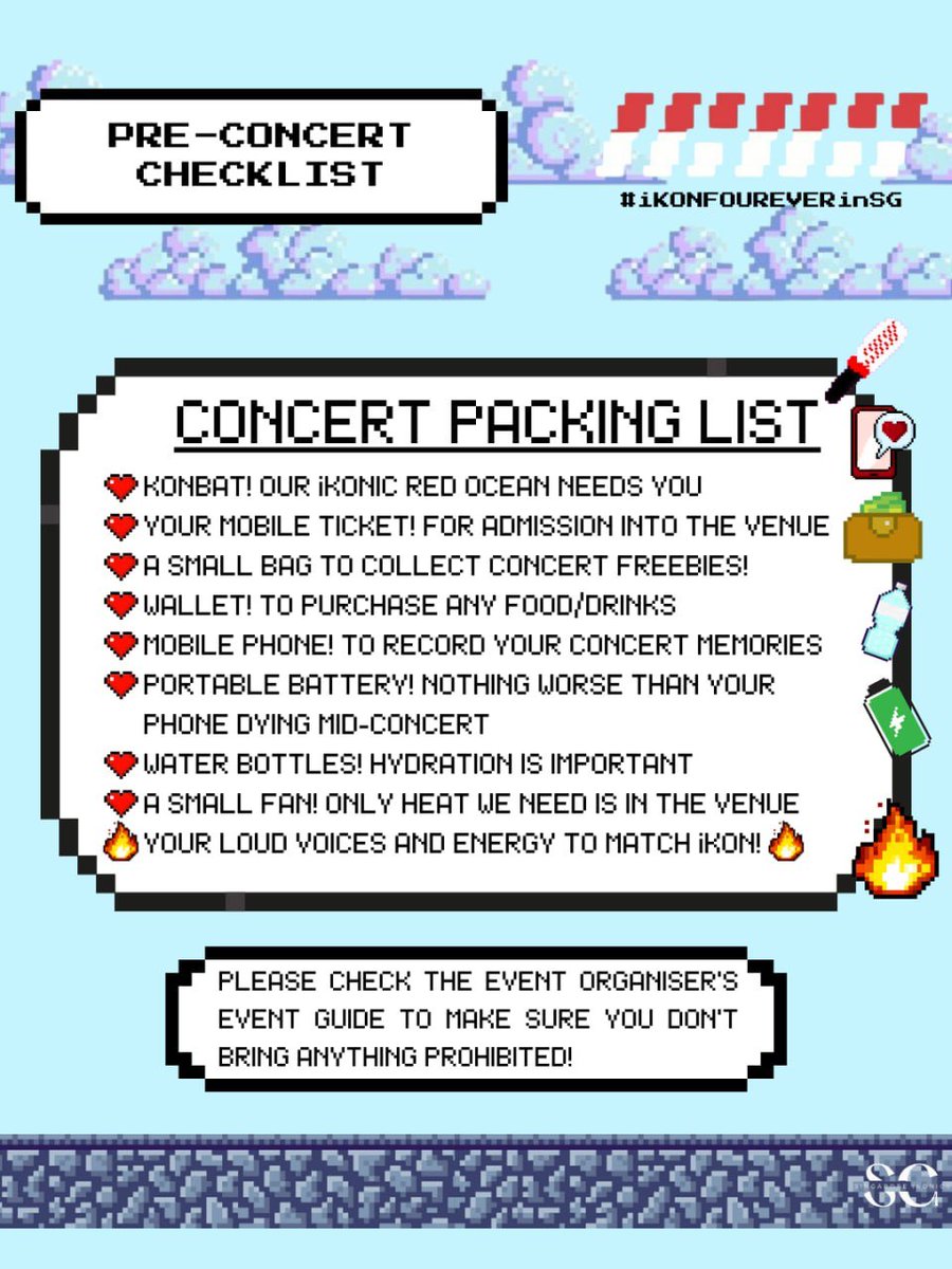SG_iKONICS's tweet photo. [D-2: CONCERT PREP SERIES PART 2]

iKONICS, GET READY? It's almost SHOWTIME!

We've prepared a mini pre-concert checklist for you to prepare for Saturday. We can't wait to see you all at the Arena@Expo!

#iKON #iKONinSG https://t.co/fTaW4n0zGE