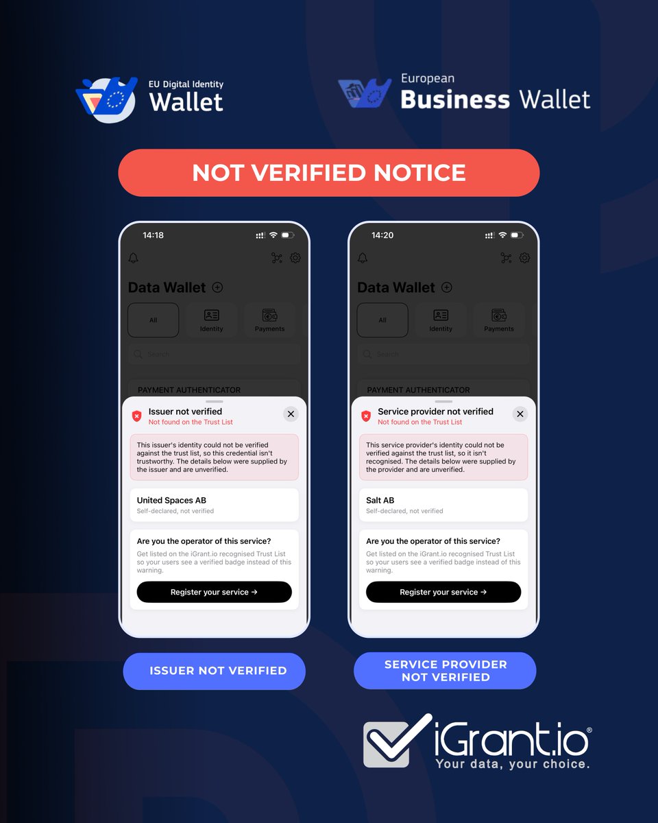 IgrantIo's tweet photo. If these notices look familiar while using Data Wallet by @IgrantIo, you are not alone.

It is a deliberate step.

We've enforced the trust checks required by the EUDIW framework to see how the ecosystem will actually behave in production.

More in comments #EUDIWallet #DigitalID https://t.co/mgbIOSWAfy