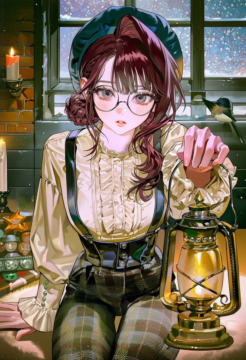 9ookwa's tweet photo. indoors, window, brick wall, candle, lit candle, night, snowing, falling snow, front view, cowboy shot, facing viewer, sitting, knees up, looking down, one arm raised, outstretched arm, holding lantern, dark navy beret, glitter, black-framed round eyewear, cream long-sleeve blouse, frilled cuffs, black leather suspenders, olive-and-black plaid pants, brass oil lantern, glowing flame, bird, small dark bird