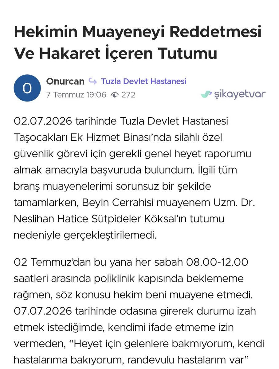NSutpideler's tweet photo. Profilinde markalar için "itibar yönetimi" yazan https://t.co/59gyUViznJ hekimler için itibar suikastine alet olmakta sakınca görmemektedir. Hastane adı altında hekimlerin açık isimleriyle hastaların yalan beyanlar yazmasına ortak olmaktadır. Bunun için halihazırda Hasta Hakları birimleri mevcuttur, kamu hekimleri kurum ya da marka değildir. https://t.co/59gyUViznJ hekim şikayeti yeri değildir.
Aşağıda heyet saatleri belli olduğu ve bu saatlerde alanda bulunmayıp öğleden sonra randevulu hastalara bakılırken gelen ve tartışan, buna rağmen kendisine kendi tarzı ile yaklaşılmayan, heyetle görüşülerek güvenlikle heyete gönderilen hasta, https://t.co/59gyUViznJ sayesinde, kendi tam adının bulunmasına gerek olmaksızın hekimi tam adıyla yalan beyanlarla afişe etme tatminini yaşamaktadır. Her gün beklediğini eklemiştir ama zaten heyet günleri Salı ve Perşembe günleridir. 
https://t.co/59gyUViznJ hekimler hakkında yalan beyanlar içeren bu şikayetleri yayınlamamalıdır. Hekim ismi ile yapılan şikayetler kaldırılmalıdır. Hakkımdaki bu ve varsa başka şikayetlerin kaldırılmasını buradan talep ediyorum. Gereğinde yasal hakkımı kullanacağım. Hekim sendikaları da gerekli aksiyonları almalıdır. 
@hekimbirhukuk 
@hekimsen 
@teksendikahukuk 
@Tabip_Sen
@SikayetvarCom
