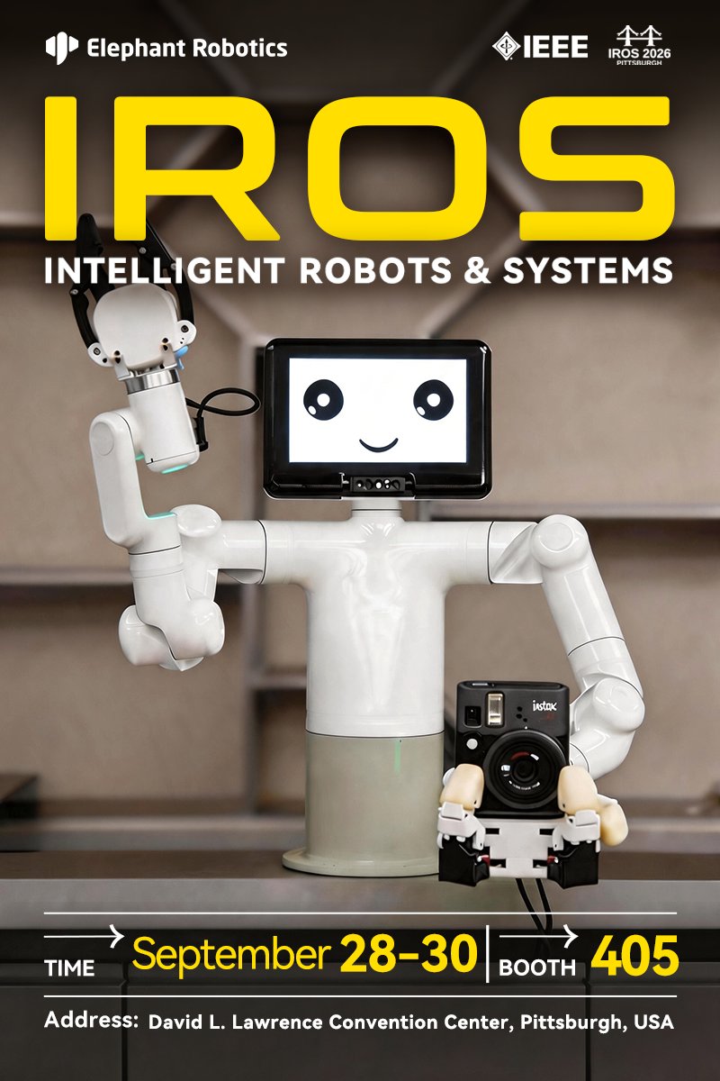 CobotMy's tweet photo. 🤖 We're honored to be invited by @IEEEorg to join #IROS2026, one of the world's leading #robotics conferences!
📍Visit us at Booth 405 from September 28–30 and explore Elephant Robotics' latest innovations in #intelligent robotics, #automation, and #embodiedAI.
See you at #IROS! 🚀